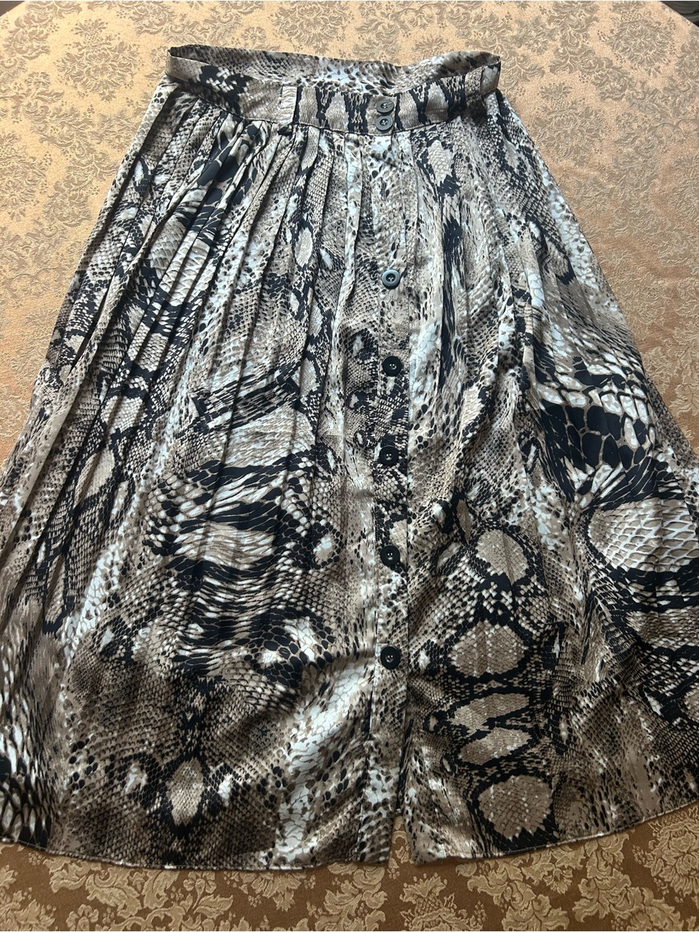 Vintage Snake Print Button-Front Midi Skirt - Beige Black Excellent Condition